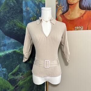 tracy m beige silk blend belted top vintage ribbed knit preppy blouse